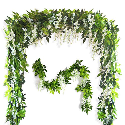 Musdoney 26Ft 4 Pcs Artificial Flowers Silk Wisteria Ivy Vine Green Leaf Hanging Vine Garland for Wedding Party Home Garden Wall Decor (White)