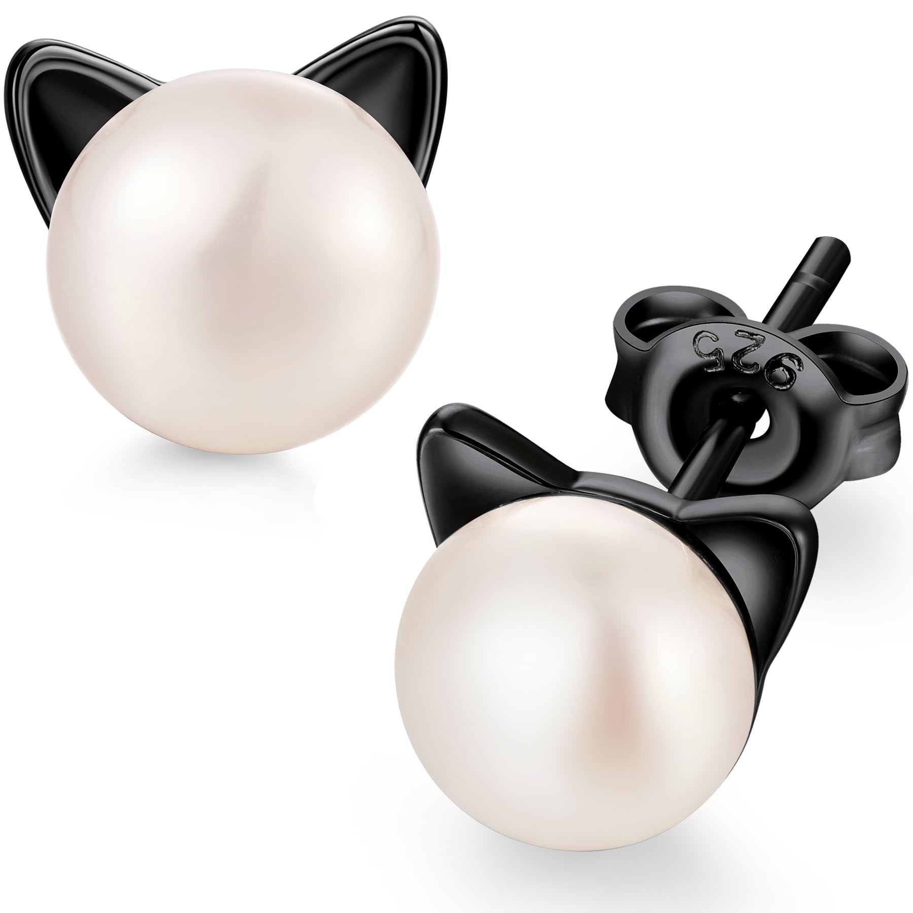 Cat Earrings Black Silver Pearl Earrings Cat Jewelry for Women Gifts for Cats Lovers — image 1