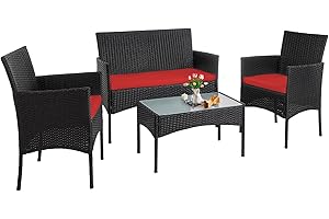 PROHIKER 4 Piece Outdoor Wicker Patio Conversation Furniture Set, Rattan Chair Wicker Sofa Garden Conversation Sets with Cushion and Glass Table for Yard Pool or Backyard, Black/Red
