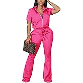 2 Piece Outfits for Women Short Sleeve Zipup Jacket Wide Leg Pants Retro Pure Color Tracksuit Sport Set Wine Red