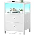 BOLUO White Nightstand with Charging Station, LED Night Stand with 2 Fabric Drawers, Bedside Table with USB Ports and Outlets, Nightstand for Bedroom Modern