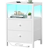 BOLUO White Nightstand with Charging Station, LED Night Stand with 2 Fabric Drawers, Bedside Table with USB Ports and Outlets, Nightstand for Bedroom Modern