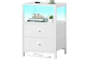 BOLUO White Nightstand with Charging Station, LED Night Stand with 2 Fabric Drawers, Bedside Table with USB Ports and Outlets, Nightstand for Bedroom Modern