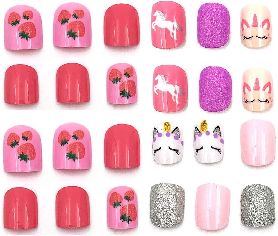 60pcs Colorful Artificial False Nails, Disposable Girls Fake Nail bar for Kids with pre-Glue on (F)