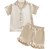 Ayalinggo Toddler Kids Girl Silk Pajamas Baby Ruffled Sleeve Button Down Satin Silk Pjs Sleepwear Loungwear Shorts Set