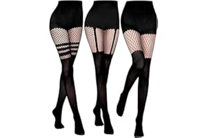 3 Pairs Womens Faux Thigh High Fishnet Stockings Stitching Opaque Pantyhose Mock Over the Knee Goth Striped Suspender Tights