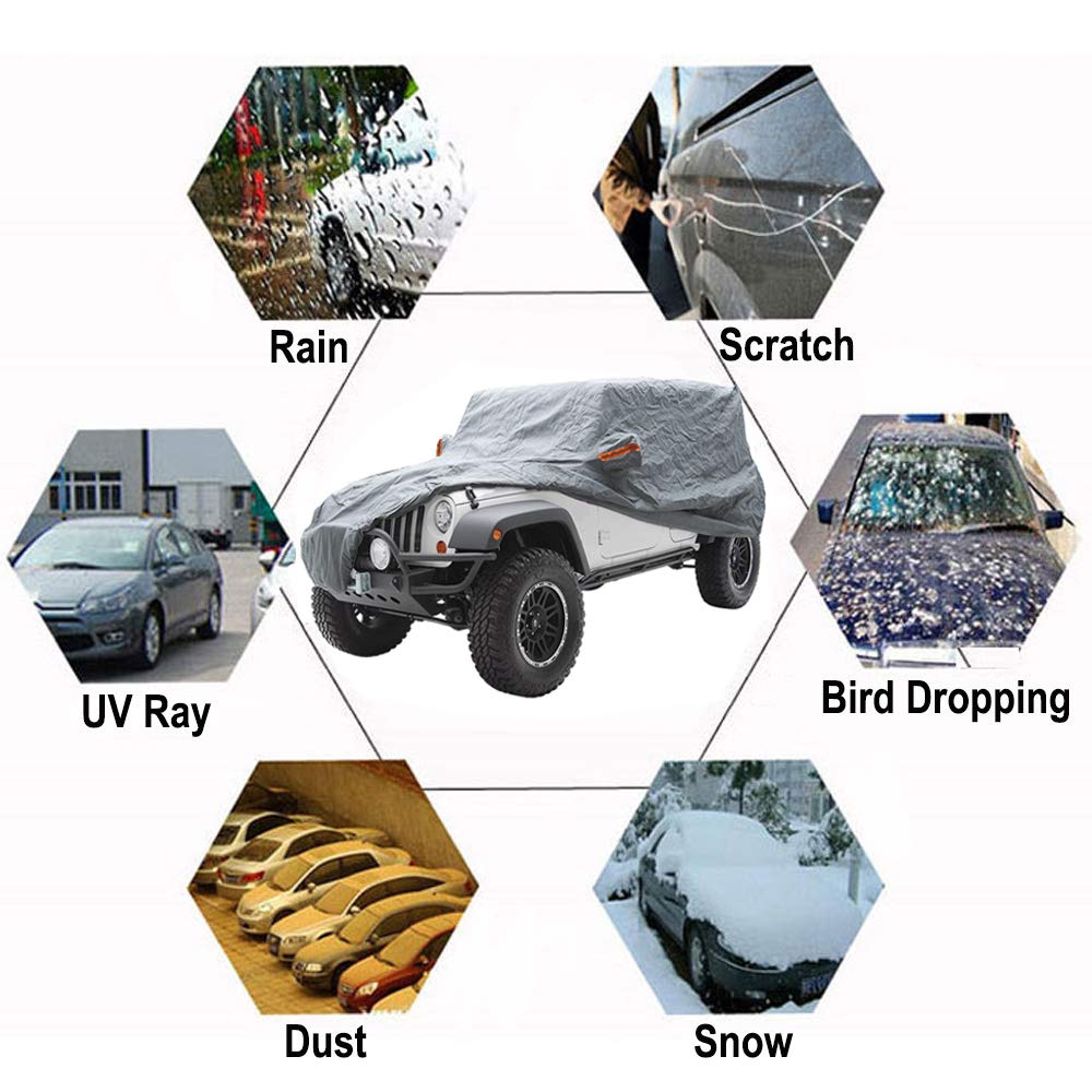 Big Ant Car Cover for Jeep Wrangler CJ,YJ, TJ & JK 4 Door All Weather Protection Waterproof SUV Cover Customer Fit for Jeep Wrangler with Driver Door Zipper up to 190” L,Gray