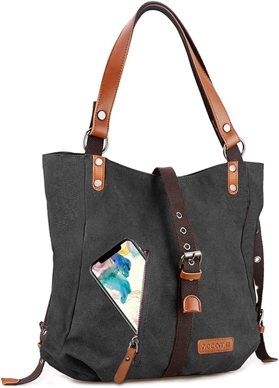 Amazon キャンバス ハンドバッグ ショルダーバッグ コンバーチブル カジュアル バックパック パース スクール トート ホボ 一泊用バッグ 女性へのギフトに Us サイズ 17 X 13 7 X 2 6 Inches カラー ブラック Aocome トートバッグ