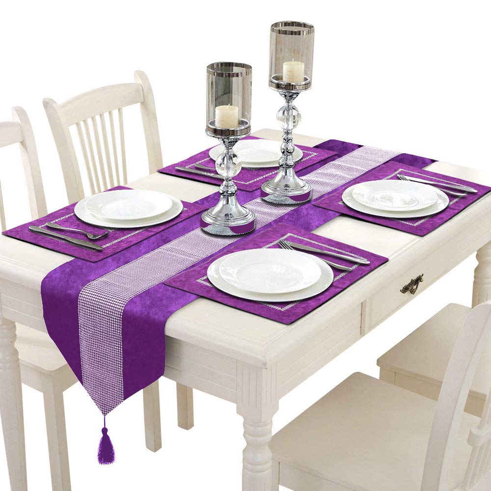 Time to Sparkle Set of 1 Velvet Table Runner + 4 Placemat Table Mats Thick Velvet Satin Tasseled Xmas (Velvet-purple, 4*Placemats + 1*Runner)