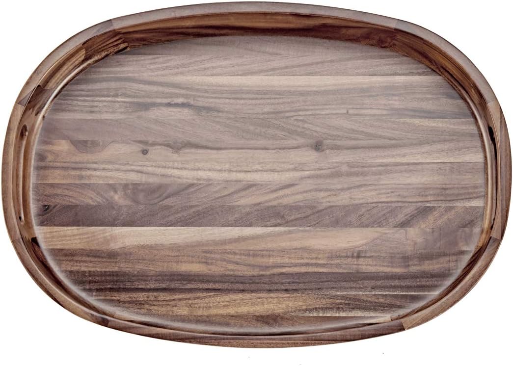 Wooden Serving Tray - Oval Acacia Wood Decorative Tray with Handles for Parties and Breakfast in Bed or on Ottomans - 17 x 11.75 x 2 Inches: Home & Kitchen