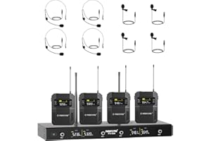 Phenyx Pro 4-Channel Wireless Microphone System, UHF Cordless Mic Set w/ 4 Bodypacks and Headsets/Lapel Mics, 4x25 Frequencie
