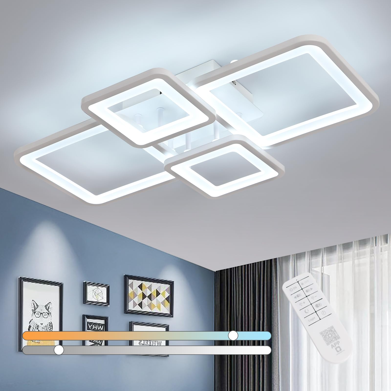Comely LED Ceiling Light Dimmable, 54 W Modern Ceiling Lamp with Remote Control, White 4 Square Acrylic Ceiling Lighting for Living Room Bedroom Kitchen Dining Room, 3000K-6500K