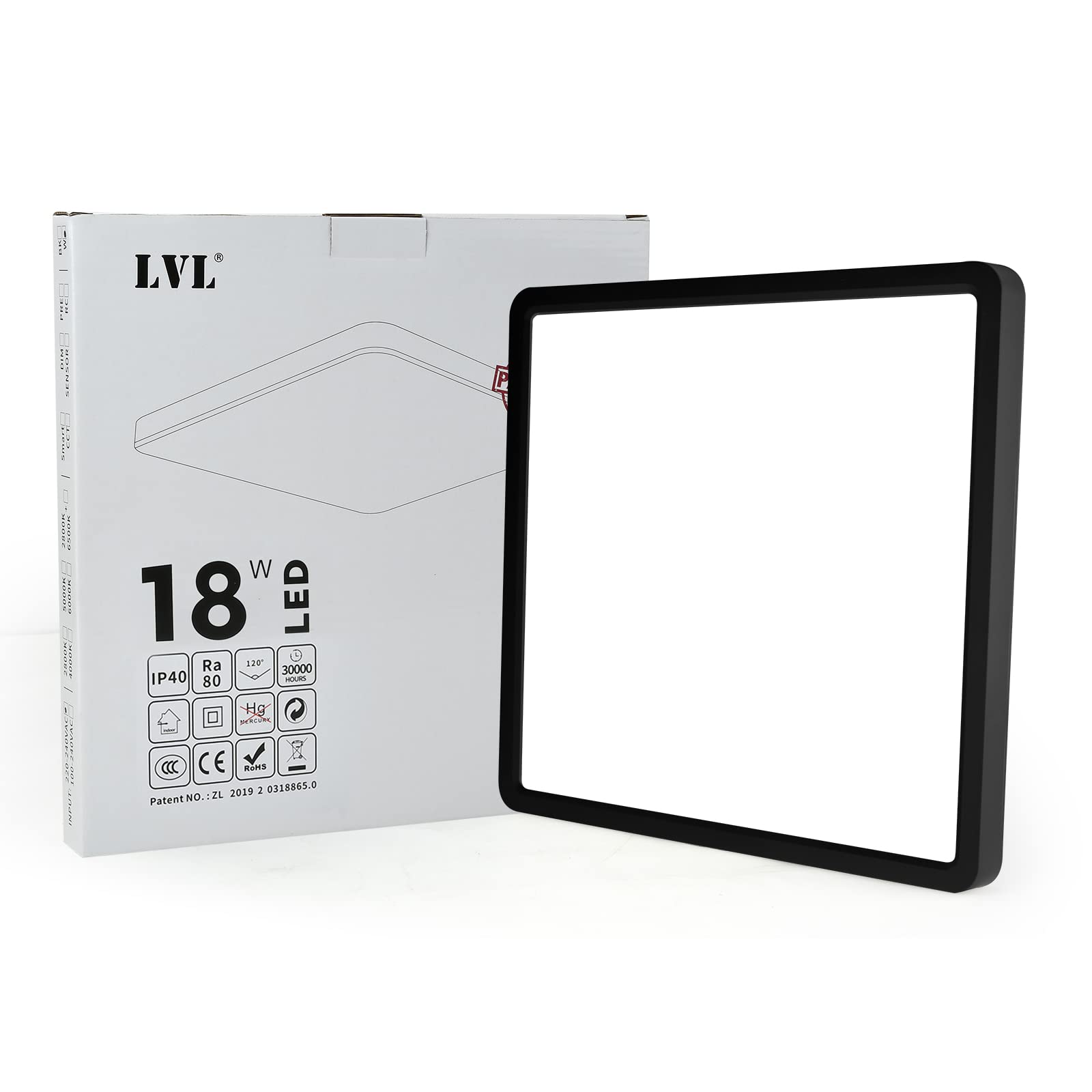 LVL LED Panel Light, 18W 9inch CCT 3 Lighting Color Modern Square Flush Led Ceiling Light for Hallway, Corridor, Kitchen, Bedroom, Utility Room, Office (Black, 23cm-18W)