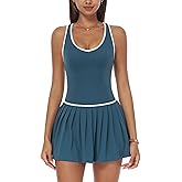 QBGJTD Womens Tennis Golf Dress with Built-in Bra Shorts Racerback Color Block Pleated Hem Athletic Dresses with Pockets