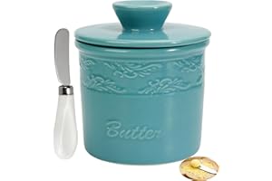 TAOUNOA Butter Crock - French Butter Keeper Dish with Lid for Countertop, Ceramic Crock with Water Covered Keeper Holder for Kitchen, Blue