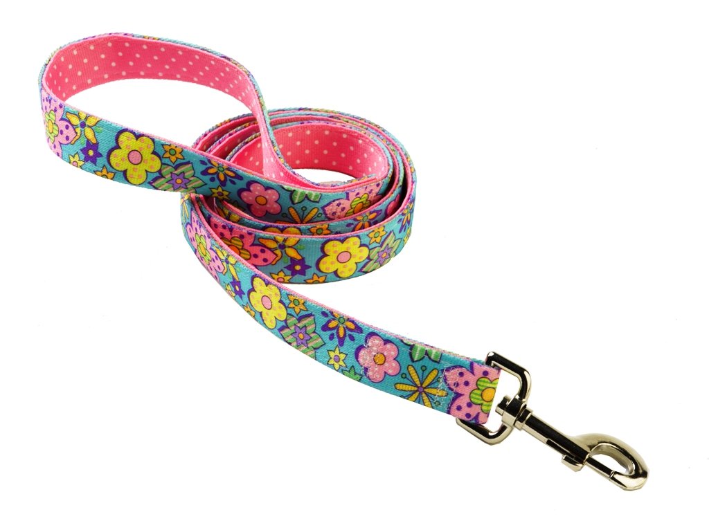 Yellow Dog Design Uptown Flower Power on Polka Dot Dog Lead, 1-inch, Pink