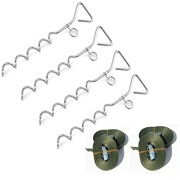 Erdanker Set (4X olivfarbene 3000mm Gurte, 4X Spiralhaken mit Ring)