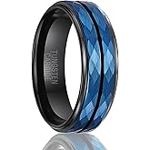 SOXEMAN | Faceted Rail Band - 8mm Wide Black Tungsten Wedding Ring with Blue Texture