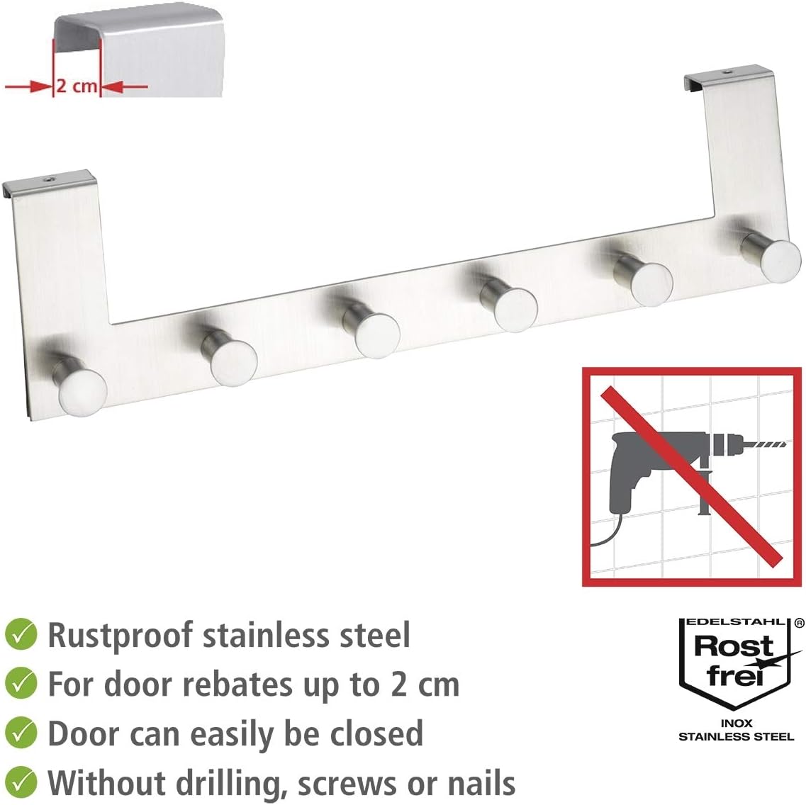 Wenko 4468060100 Door Clothes Rack Celano 6 Hooks, Metal Stainless Steel, 39 x 11 x 5.5 cm, Matt, Matt Stainless Steel - Image 3