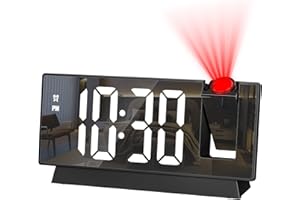 JXTZ Projection Alarm Clock, Large Screen Projector Clock for Bedroom Ceiling, Digital Clock with 180° Projector, 4 Levels Brightness, Alarm Clock Projector with Temperature Date Snooze 12H/24H