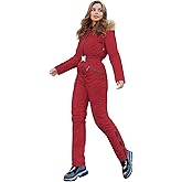 Yousify Womens Winter Ski Suit One Piece Hooded Fur Collar Ski Jumpsuit Snowsuit Outdoor Sports Coat