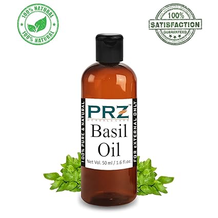 PRZ Basil (Tulsi) Essential Oil (50ML) - Pure Natural & Therapeutic Grade Oil For Aromatherapy Body Massage, Skin Care & Hair Care