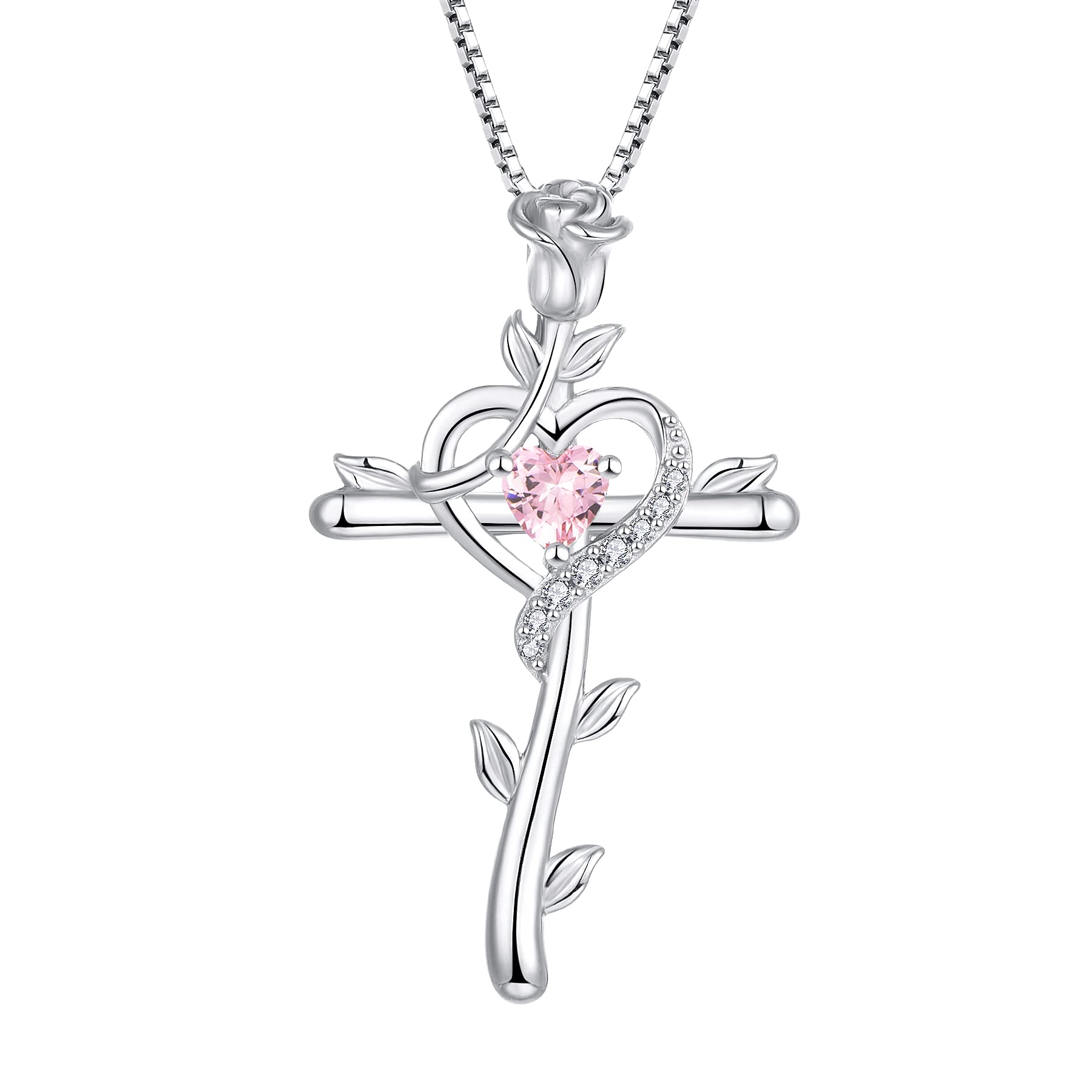 starchenie Cross Necklace 925 Sterling Silver Heart Birthstone Rose Crucifix Pink Zirconia Pendant Jewelry Gift for Women
