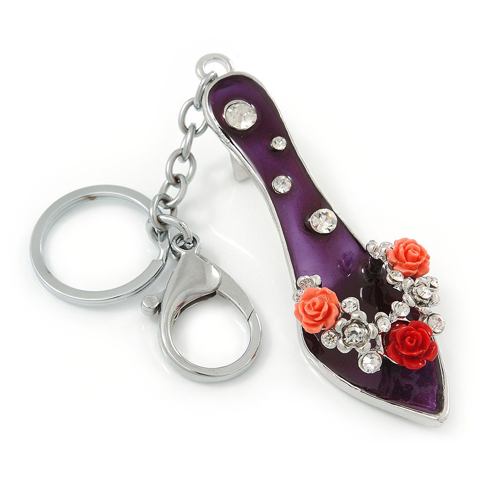 Avalaya Rhodium Plated Deep Purple Enamel High Heel Shoe With Crystals And Roses Keyring/Bag Charm - 16cm L
