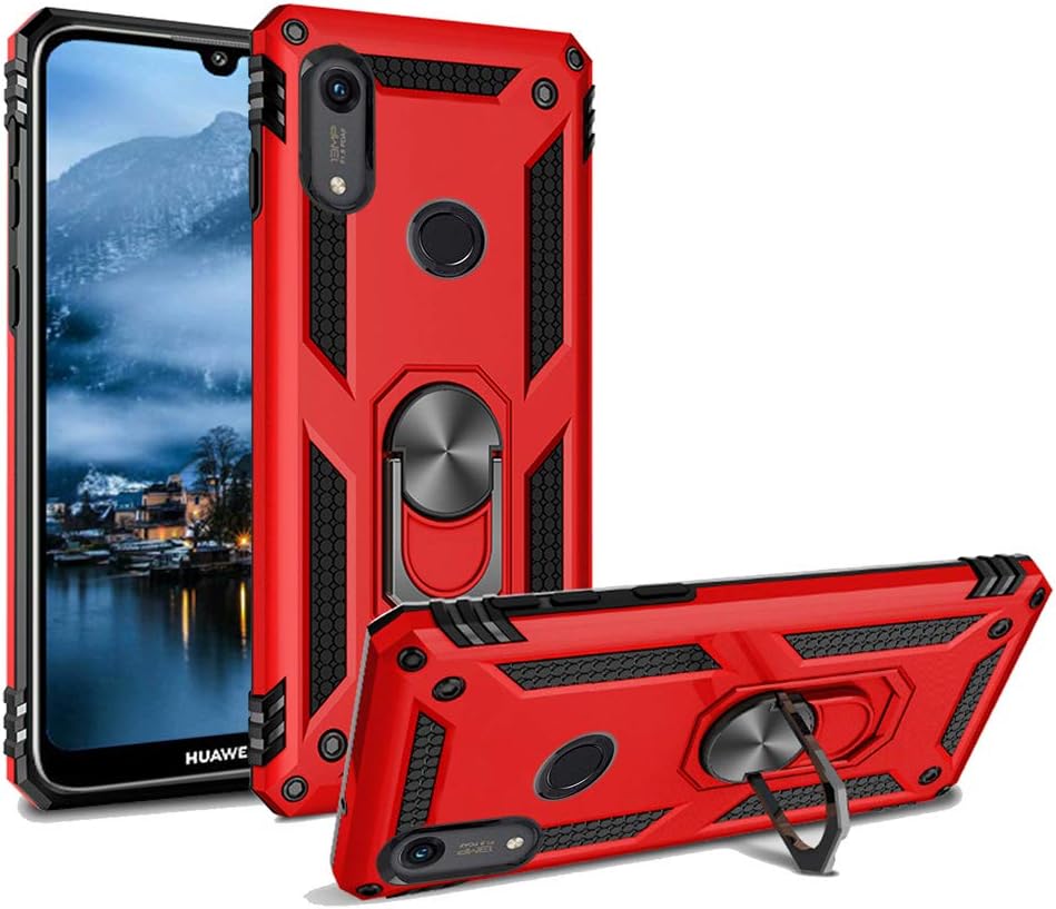 Phone Case for Huawei Y6 2019 /Y6 Prime Armor Heavy Duty 360 Rotatable Ring Kickstand Cover & Magnetic Car Mount Grip Shockproof Back Case for Huawei Honor 8A(red)