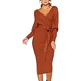 CHERFLY Women's V Neck Sweater Dresses Batwing Long Sleeve Backless Bodycon Long Dress with Belt