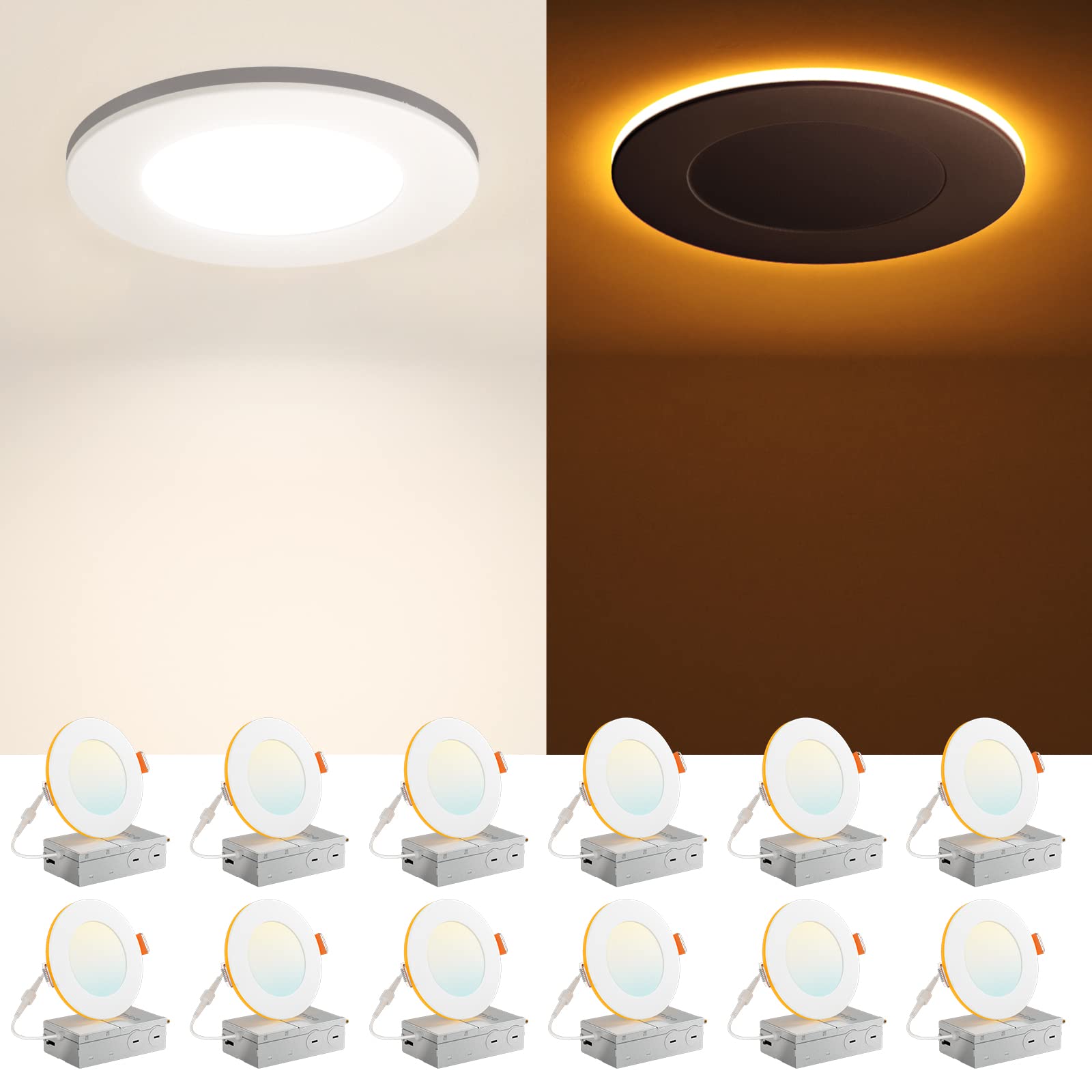 Photo 1 of Amico 12 Pack 4 Inch 5CCT LED Recessed Ceiling Light with Night Light, 2700K/3000K/3500K/4000K/5000K Selectable Ultra-Thin Lighting, 10W=90W, 700LM, Dimmable Canless Wafer Downlight - ETL&FCC
