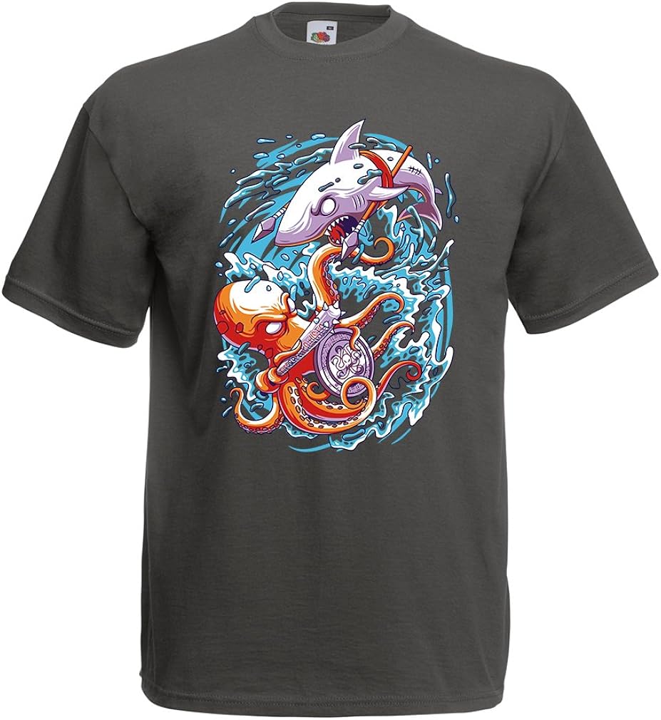 lepni.me Men's T-Shirt Battle in The Ocean - Octopus Vs Shark - to Rule The seas, Marine Outfits