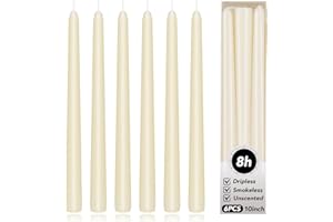 KORCCI Ivory Taper Candles 10 Inch - Set of 6 Long Candles, 8 Hours Long Burning, Smokeless & Unscented & Dripless, for Weddings, Birthdays, Dinner, Parties, Rituals, Prayer, Meditation (Ivory)