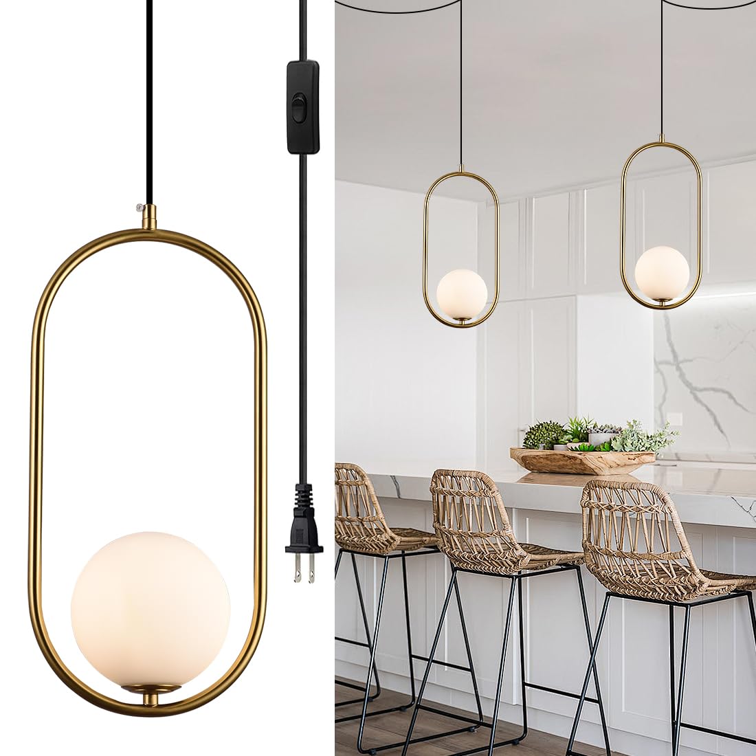 Photo 1 of AMARTIZ Globe Glass Chandeliers 1-Light Plug in Chandelier Modern Gold White Glass Pendant Light with 14.7Ft Wire Glass Ceiling Hanging Lighting Fixture for Kitchen Island Dining Room Bedroom