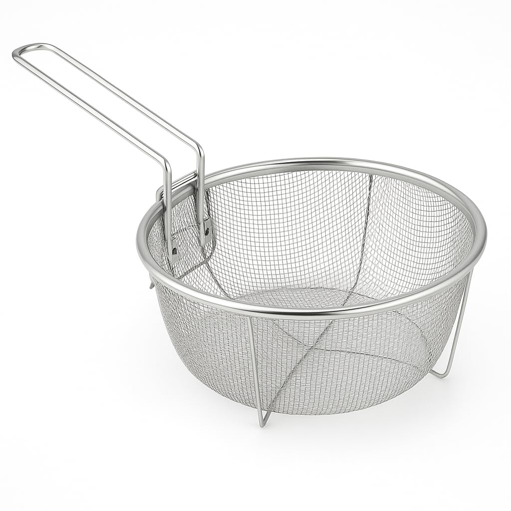 Space Home - Round Fryer Basket With Handle - Deep Wire Strainer For Frying - Chip Basket for Frying - Foldable Strainer Colander - Fried Basket Ideal for Chips, Fries, Shrimps - 23 cm
