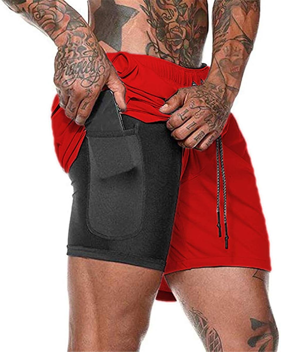 Akk Men's 2 in 1 Running Shorts Workout Training Yoga Gym Sport Short Pants with Zipper Phone Pockets: Clothing