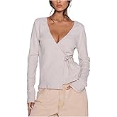 SHENHE Women's Wrap Tie Knot Going Out Tops Deep V Neck Long Sleeve Ribbed Casual Tee Shirts