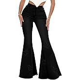 Women's Butterfly Bell Bottom Jeans Elastic High Waisted Embroidered Classic Flareed Jeans Raw Hem Denim Pants with Pocket