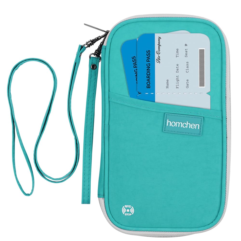 homchen RFID Blocking Family Passport Wallet Holder Waterproof, Travel Document Organizer Credit Card Clutch Bag for Men Women (Lake Green)