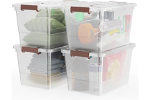 WYT 4 Pack 32qt Clear Plastic Storage Bin with Lid and Latching Buckles, Stackable Tote Organizing Box with Handle