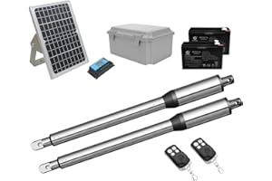 JUJIANG C01 Solar Gate Opener with Batteries & Solar Panel for Dual Swing Gates Up to 440lb per Arm Automatic Gate Opener with Remote Complete Kit Light Duty Automatic Gate Openers Solar Powered