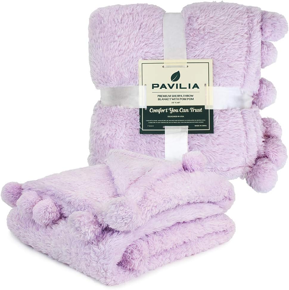 PAVILIA Plush Sherpa Throw Blanket with Pom Pom Fringe | Fluffy Microfiber Fleece Throw | Soft, Fuzzy, Cozy, Shaggy, Lightweight | Solid Purple Lavendar Blanket | 50 x 60 Inches: Home & Kitchen