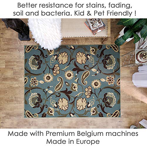 Area Rug 5x7 Teal Floral Kitchen Rugs and mats | Rubber Backed Non Skid Rug Living Room Bathroom Nursery Home Decor Under Door Entryway Floor Non Slip Washable | Made in Europe - Thumbnail 3