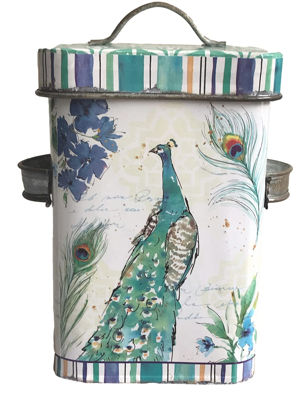 Shabby Chic Distressed Look PEACOCK Design Decorative Metal Canister / Tin / Storage Container - Green / Blue / White - 18cm