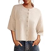 Saodimallsu Womens 3/4 Sleeve Cardigan Sweater Button Down Cropped Crewneck Cardigan 2025 Fall Casual Knit Tops