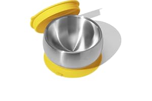 Avanchy Baby Bowls with Suction and Storage Lids Set. Babies Kids Toddler Boys Girl First Food Feeding. Fits Feeding High Chair Table. Stainless Steel, Yellow