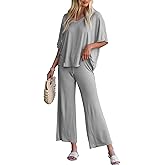 Tankaneo Womens 2 Piece Outfits Lounge Sets Oversized Short Sleeve V Neck Tshirts Wide Leg Cropped Pants Matching Set