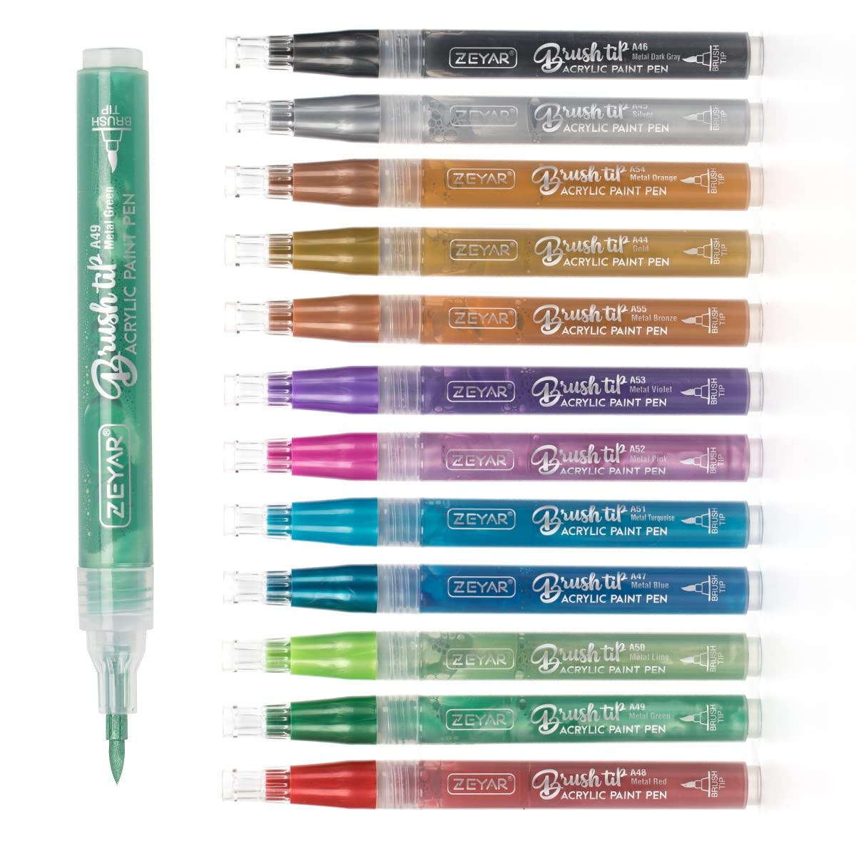 ZEYAR Acrylic Paint Pens, Brush Tip, Water based, Metallic Colors, Writes on Paper, Rock, Rubber, Ceramics, Wood, Glass and more (12 Metallic Colors)