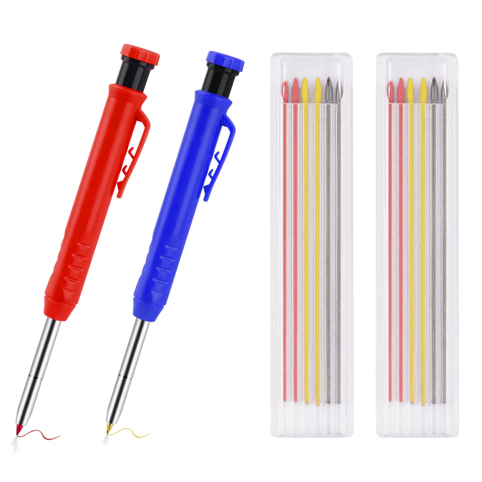 2 Pack Solid Carpenter Pencil Set for Construction with 12 Refill Leads Built-in Sharpener, Long Nosed Deep Hole Mechanical Pencil Marker Marking Tool for Carpenter Woodworking Architect (Red Blue)
