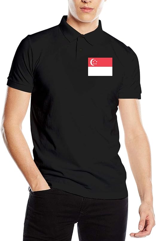 Men's Singapore Flag Fit Short Sleeve Polo Shirt Tee Black at Amazon